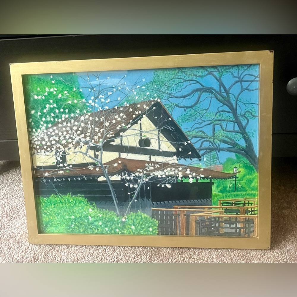 Original Japanese Cherry Blossom Painting Framed Canvas Spring Landscape Art